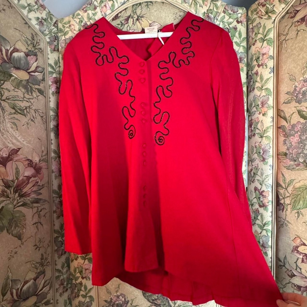 Vintage 90s Breakin Loose Red Two Piece Pant Set Embroidered Top V-Neck Small